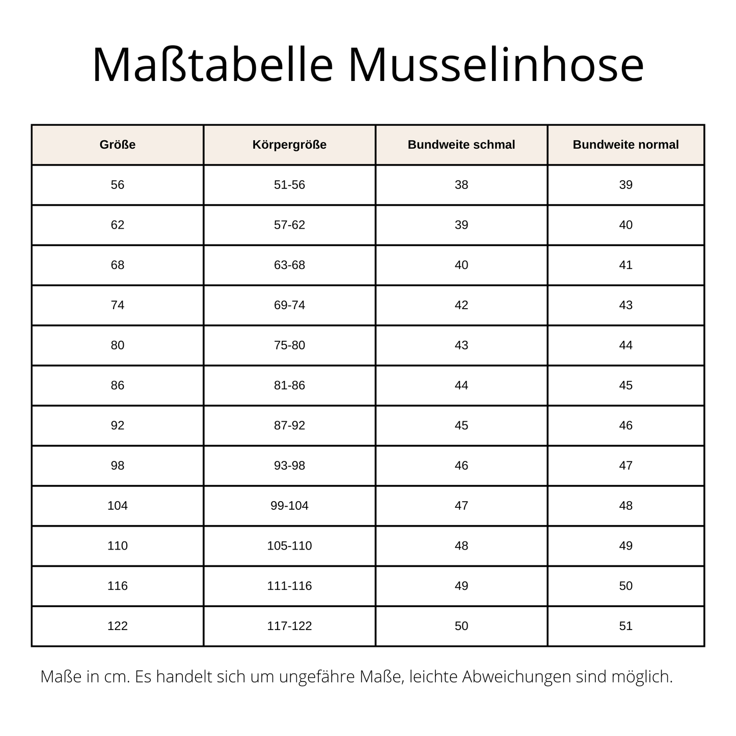 Musselinhose Größe 56 bis 122 (Artikelnummer: B02400)